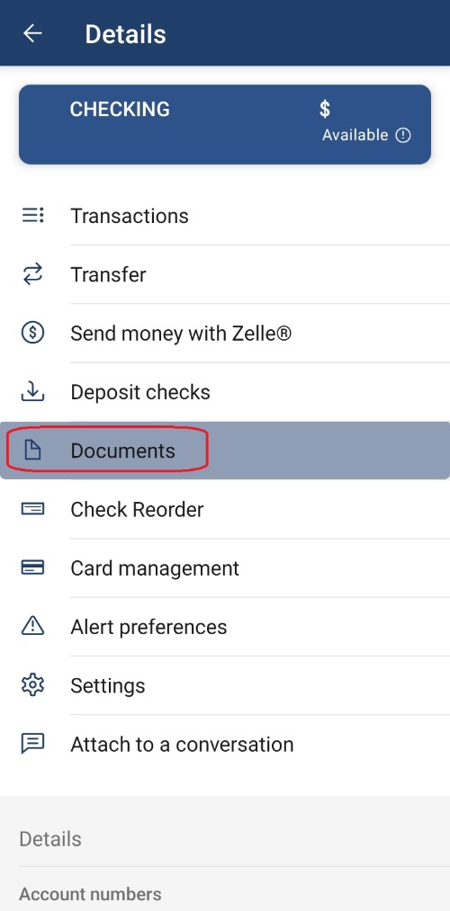 mobile banking account menu screen with circled in red Documents tab